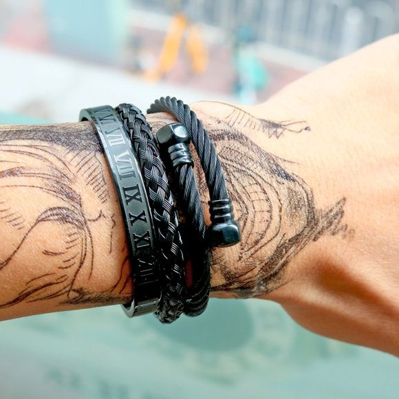3 Piece Royal Roman Bracelets Bangles Adjustable Black